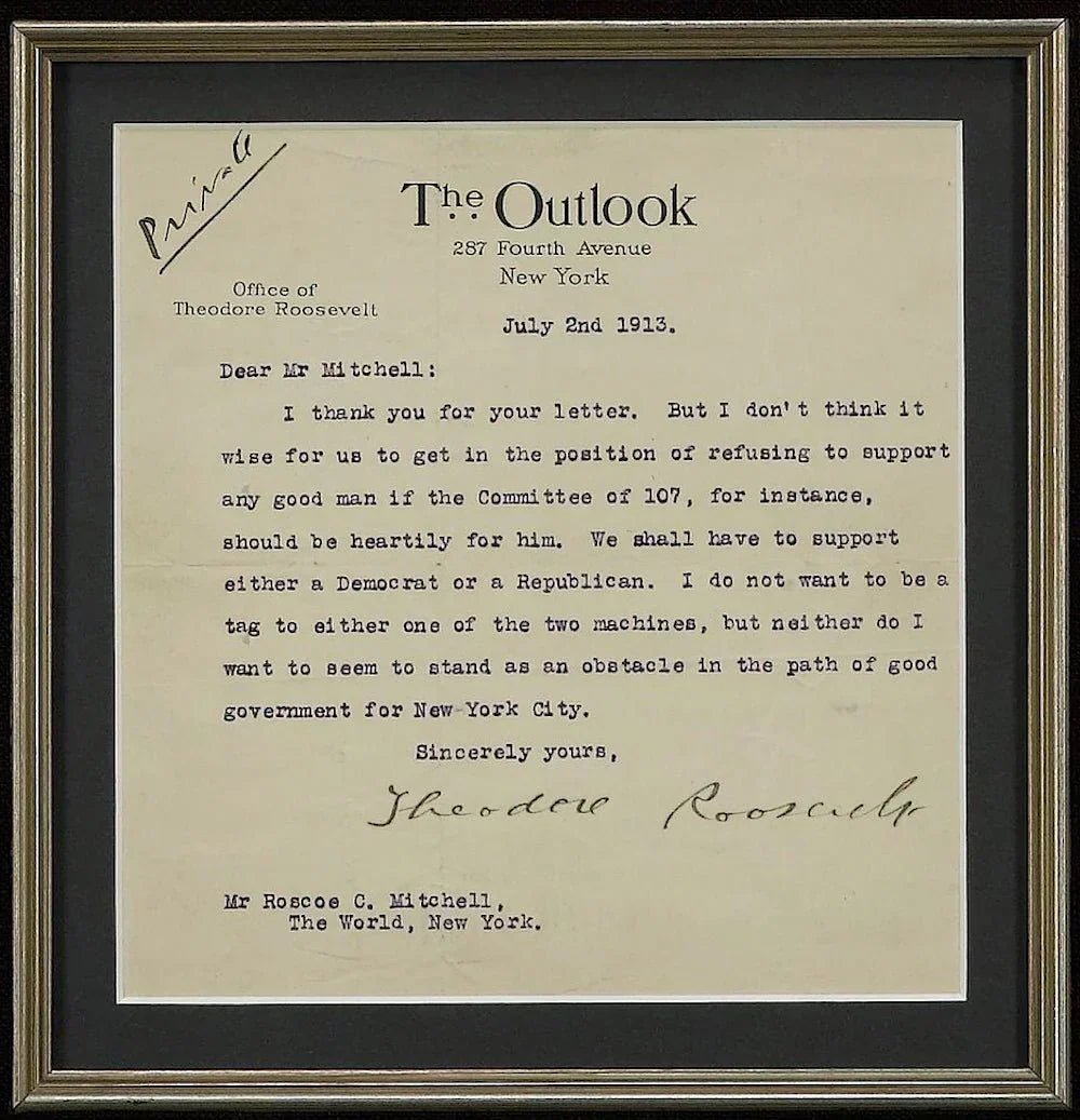 New In: A Theodore Roosevelt Signed Letter on Nonpartisan Governance from 1913 - The Great Republic