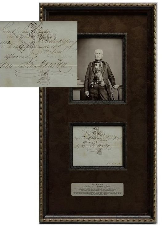 Sam Houston, Twice-signed Document Collage - The Great Republic