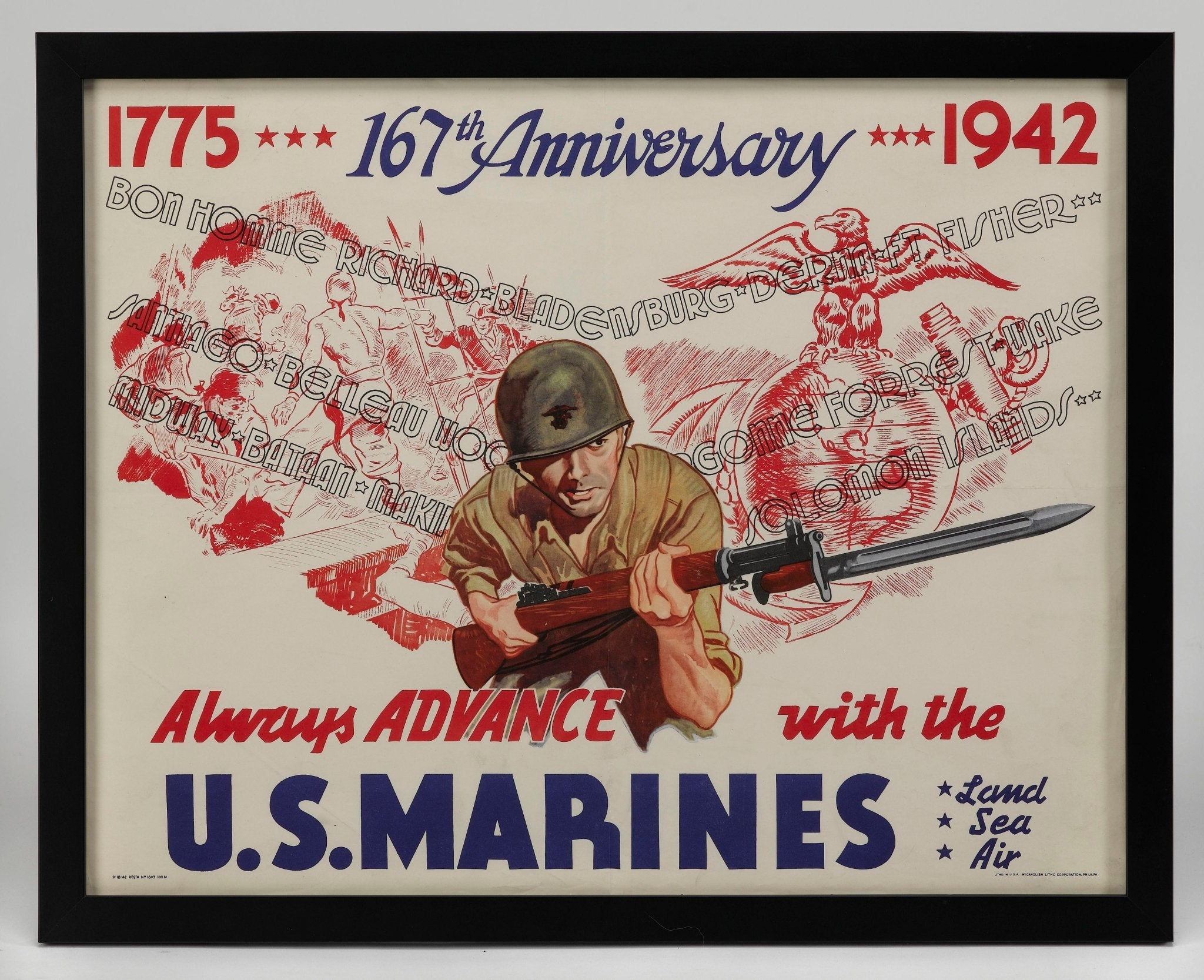 "1775 - 167th Anniversary - 1942. Always Advance with the U.S. Marines" Vintage WWII Marines Recruitment Poster - The Great Republic