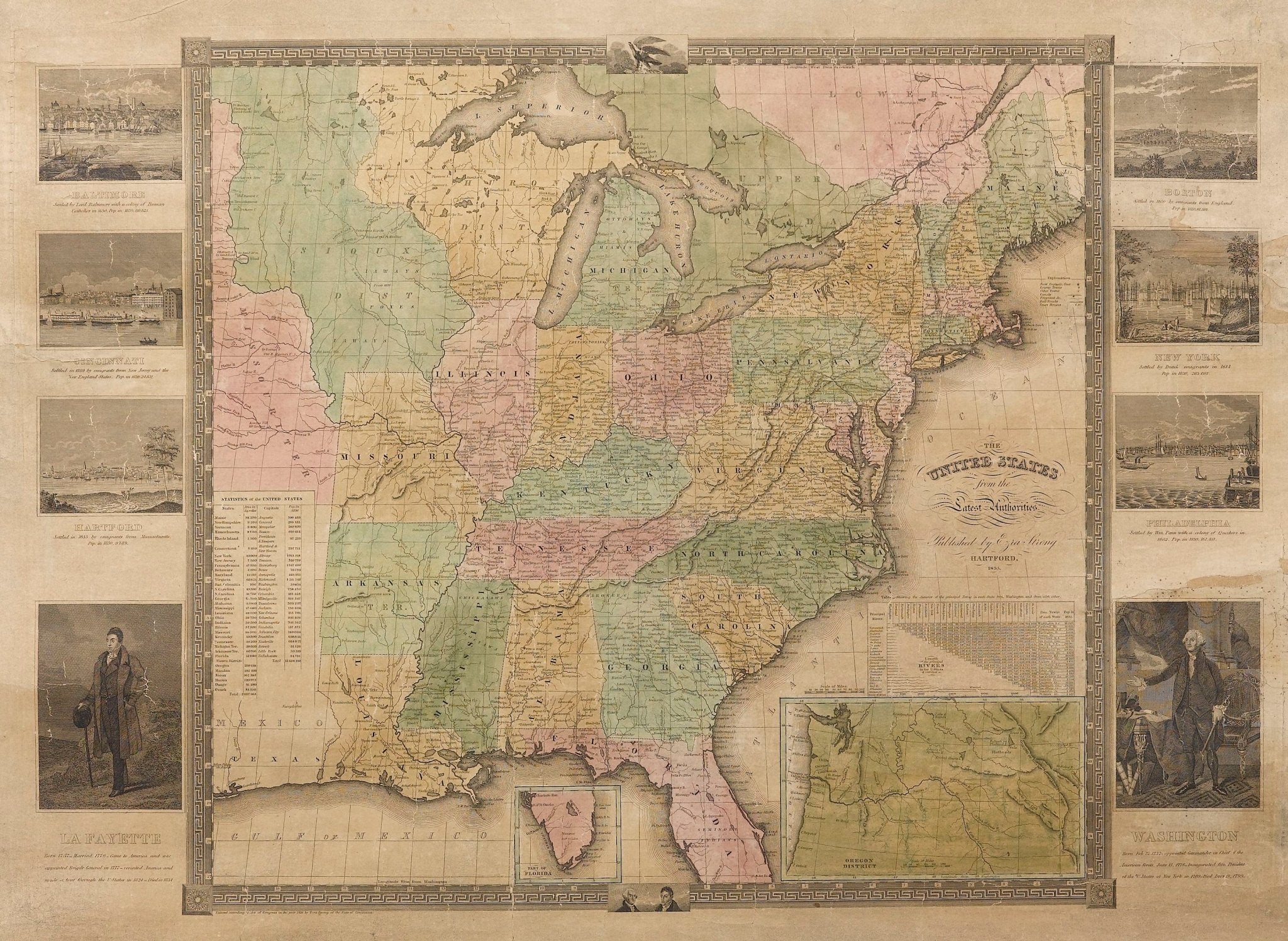 1835 "The United States from the Latest Authorities" Hanging Wall Map by Ezra Strong - The Great Republic