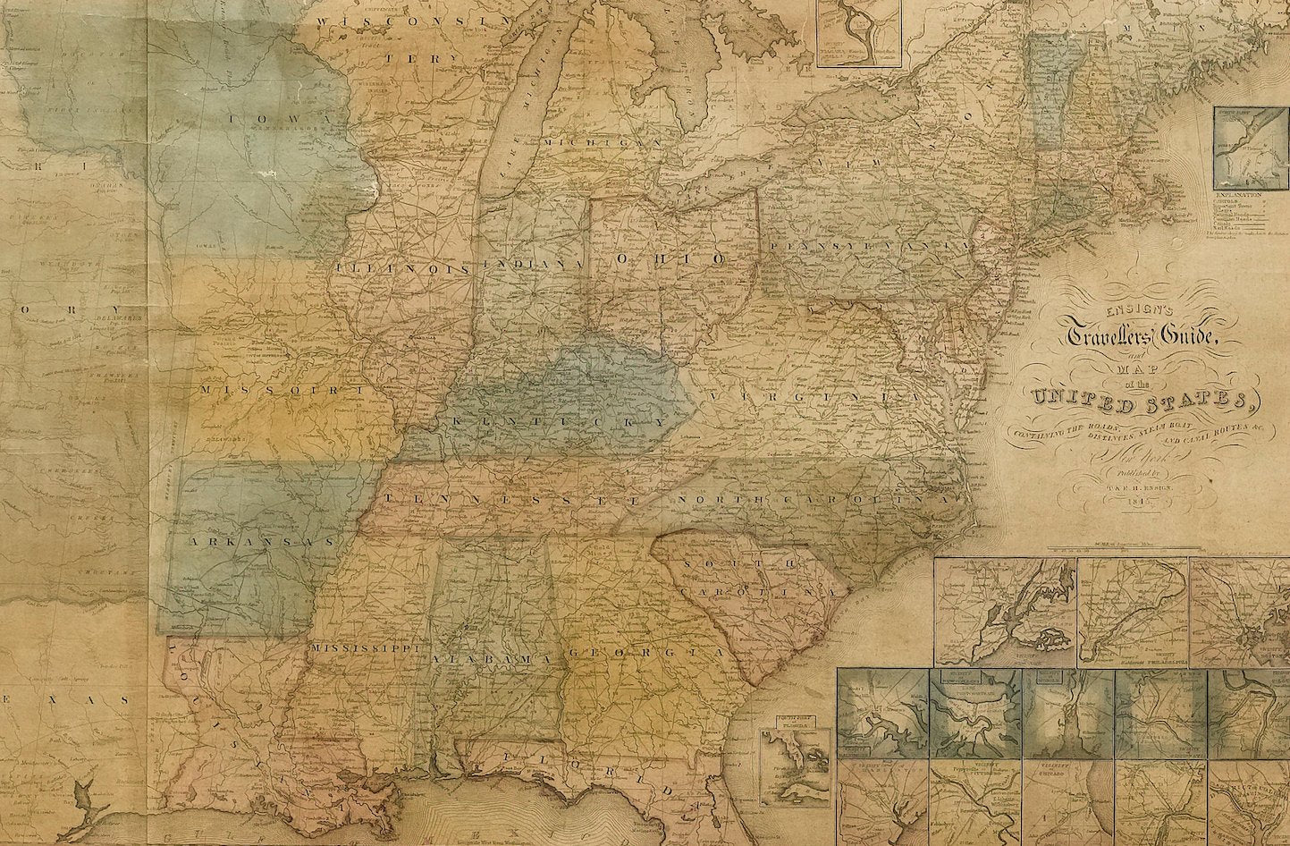 1845 "Ensign's Travellers' Guide and Map of the United States," Hand - Colored Wall Map - The Great Republic