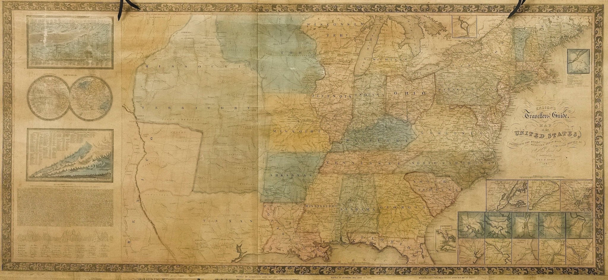 1845 "Ensign's Travellers' Guide and Map of the United States," Hand - Colored Wall Map - The Great Republic