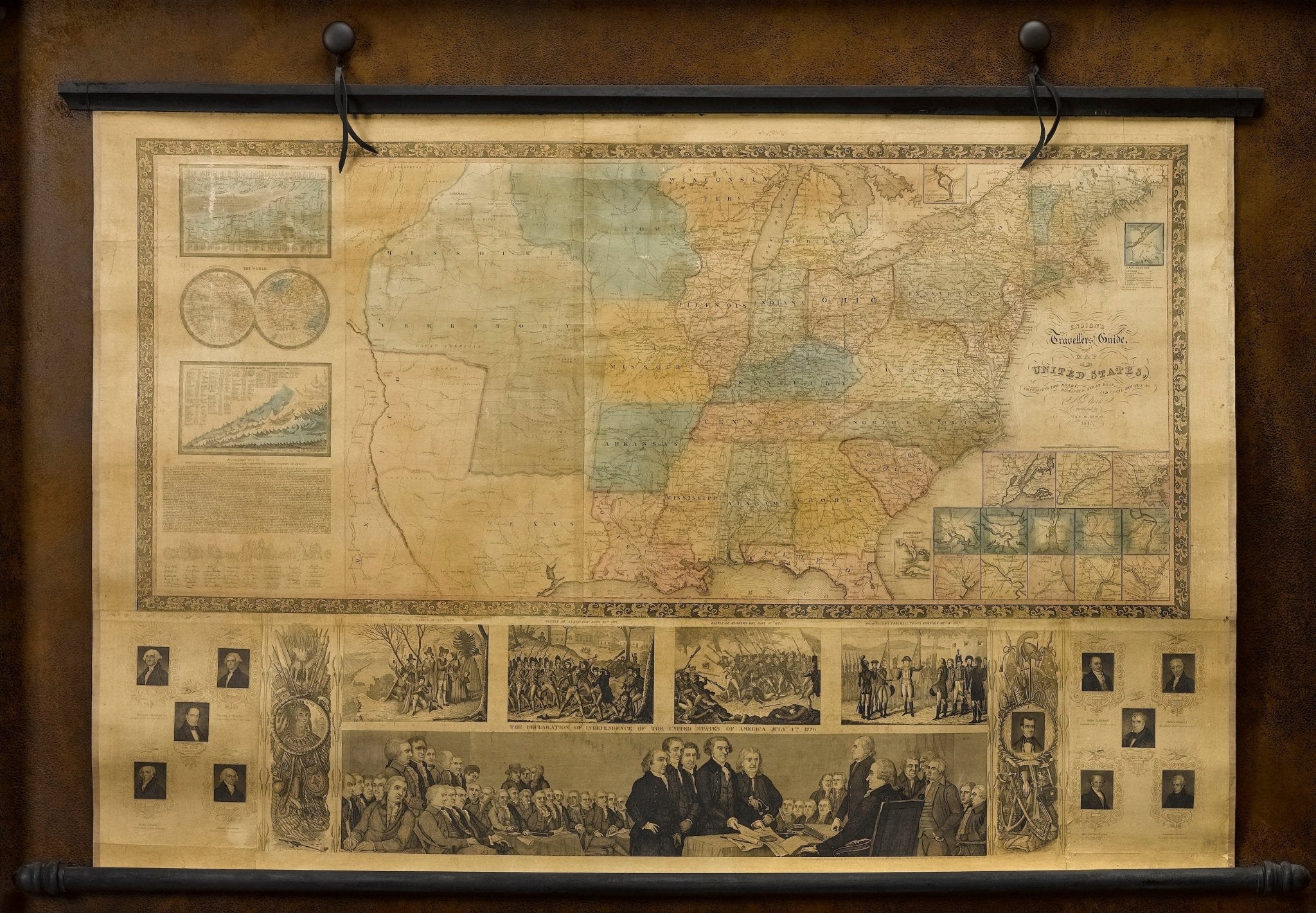 1845 "Ensign's Travellers' Guide and Map of the United States," Hand - Colored Wall Map - The Great Republic