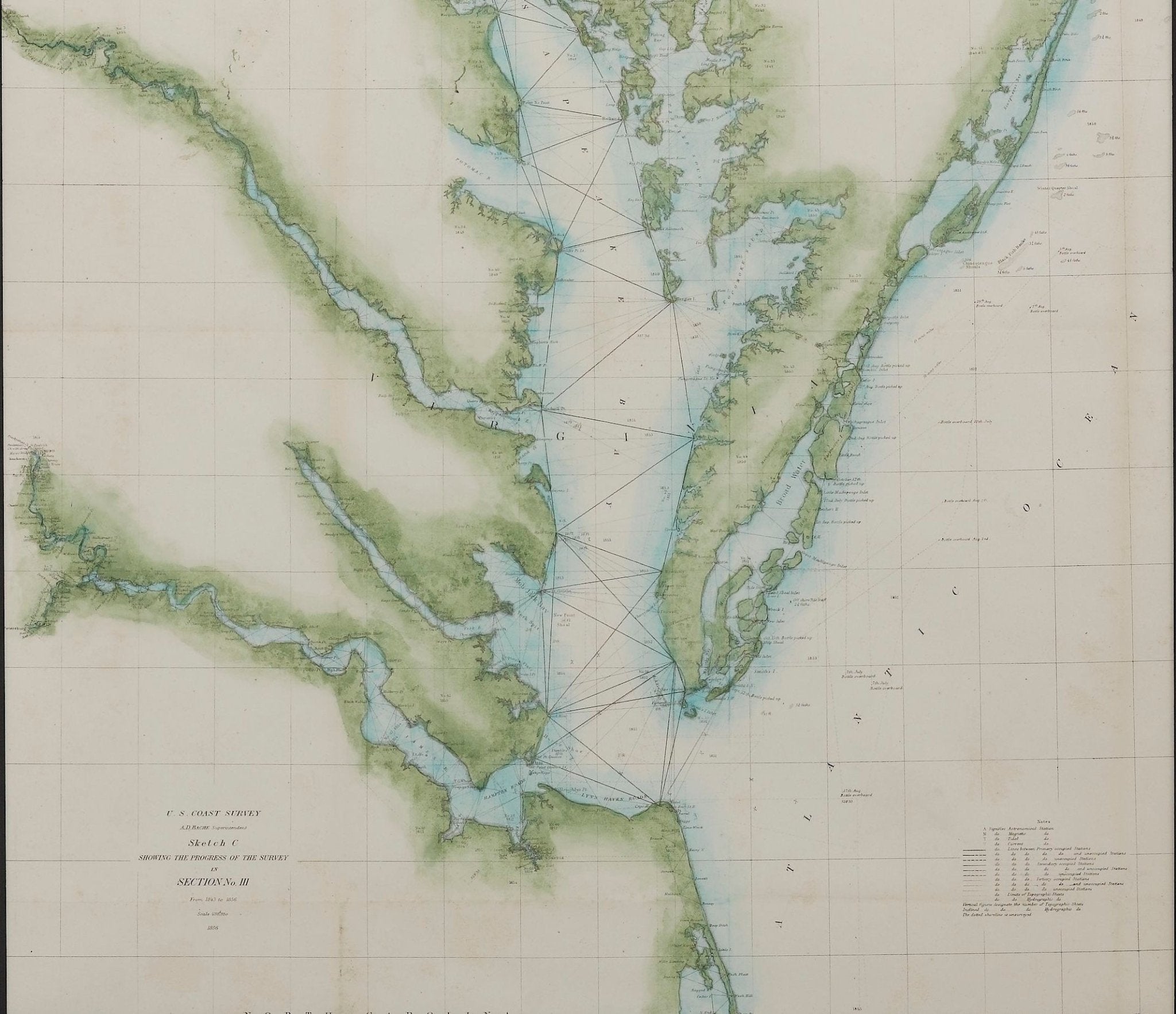 1856 "U.S. Coast Survey Map of Chesapeake Bay and Delaware Bay" by A. D. Bache. - The Great Republic