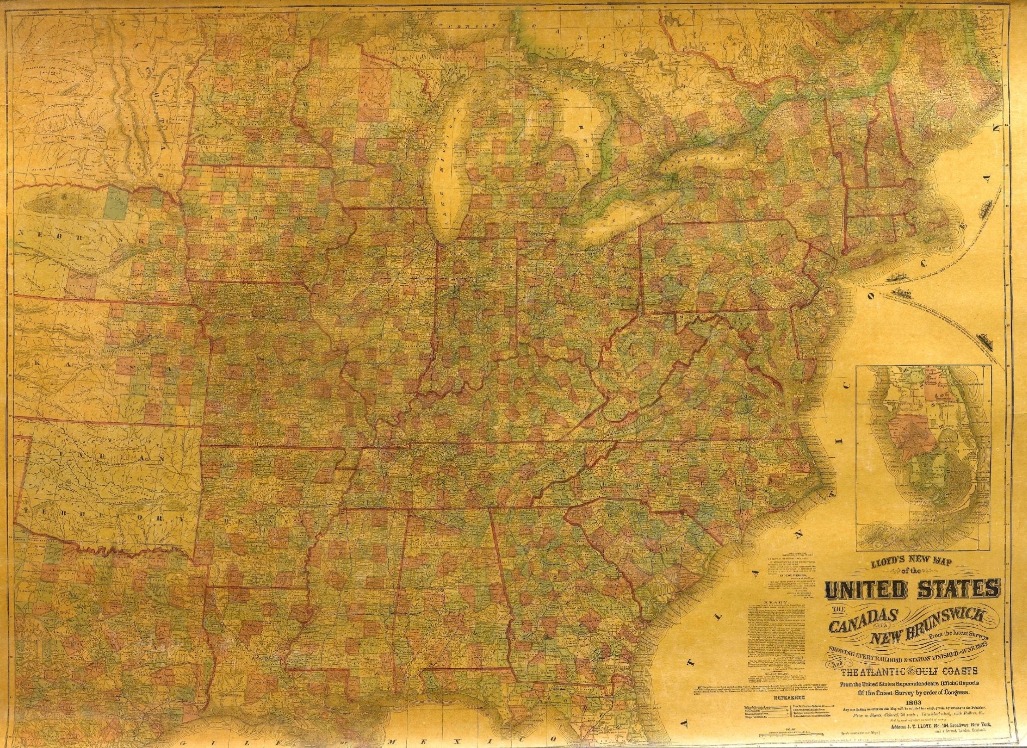 1863 "Lloyd's New Map of the United States, the Canadas, and New Brunswick" Hanging Wall Map - The Great Republic