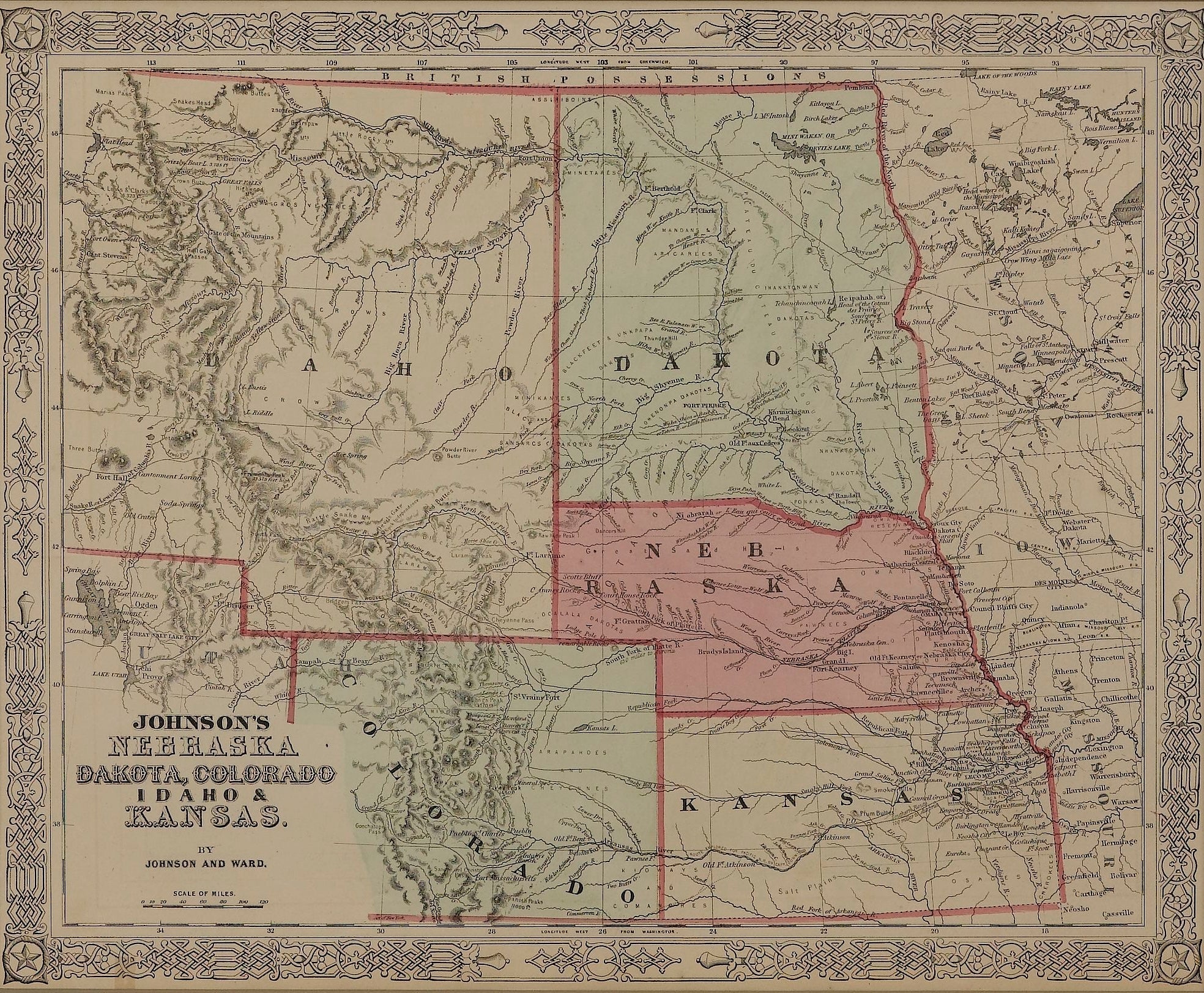 1865 "Johnson's Nebraska, Dakota, Colorado, Idaho & Kansas" Map by Johnson and Ward - The Great Republic