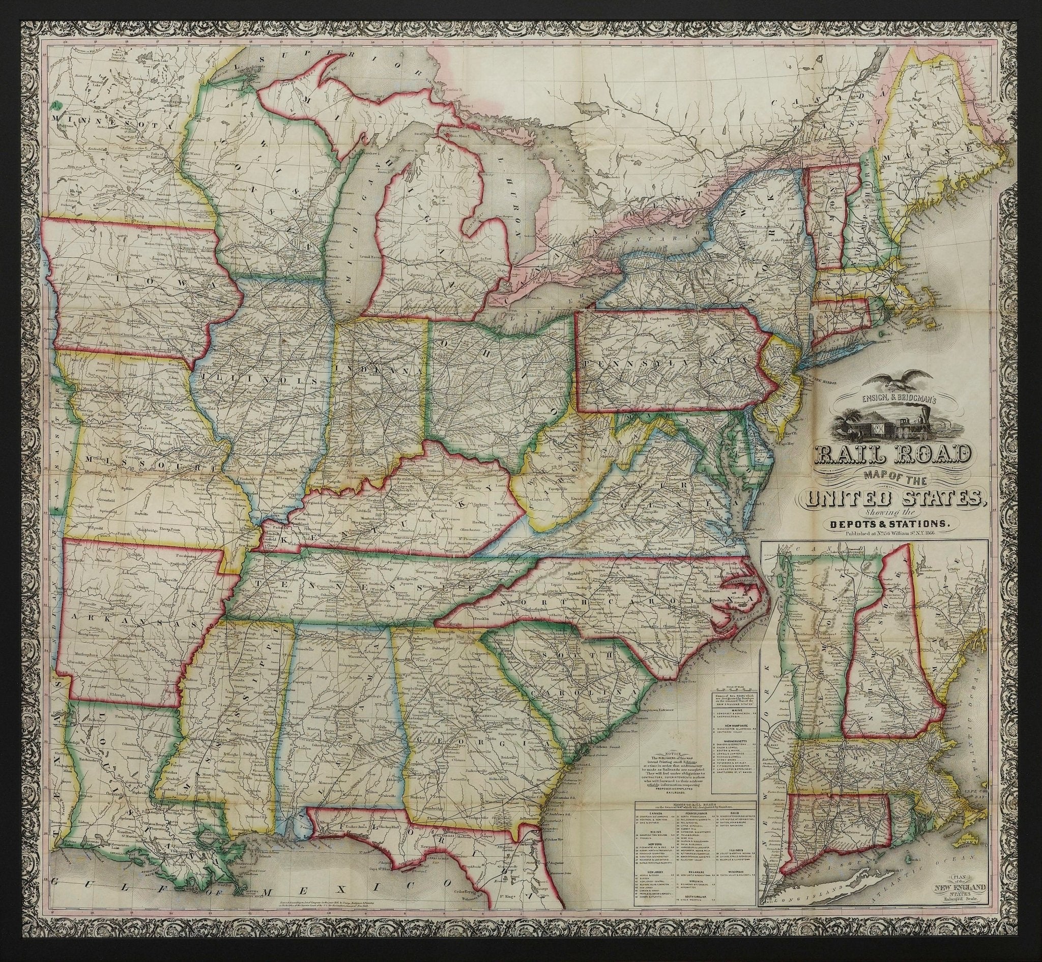 1866 "Ensign & Bridgman's Rail Road Map of the United States, showing Depots & Stations" - The Great Republic
