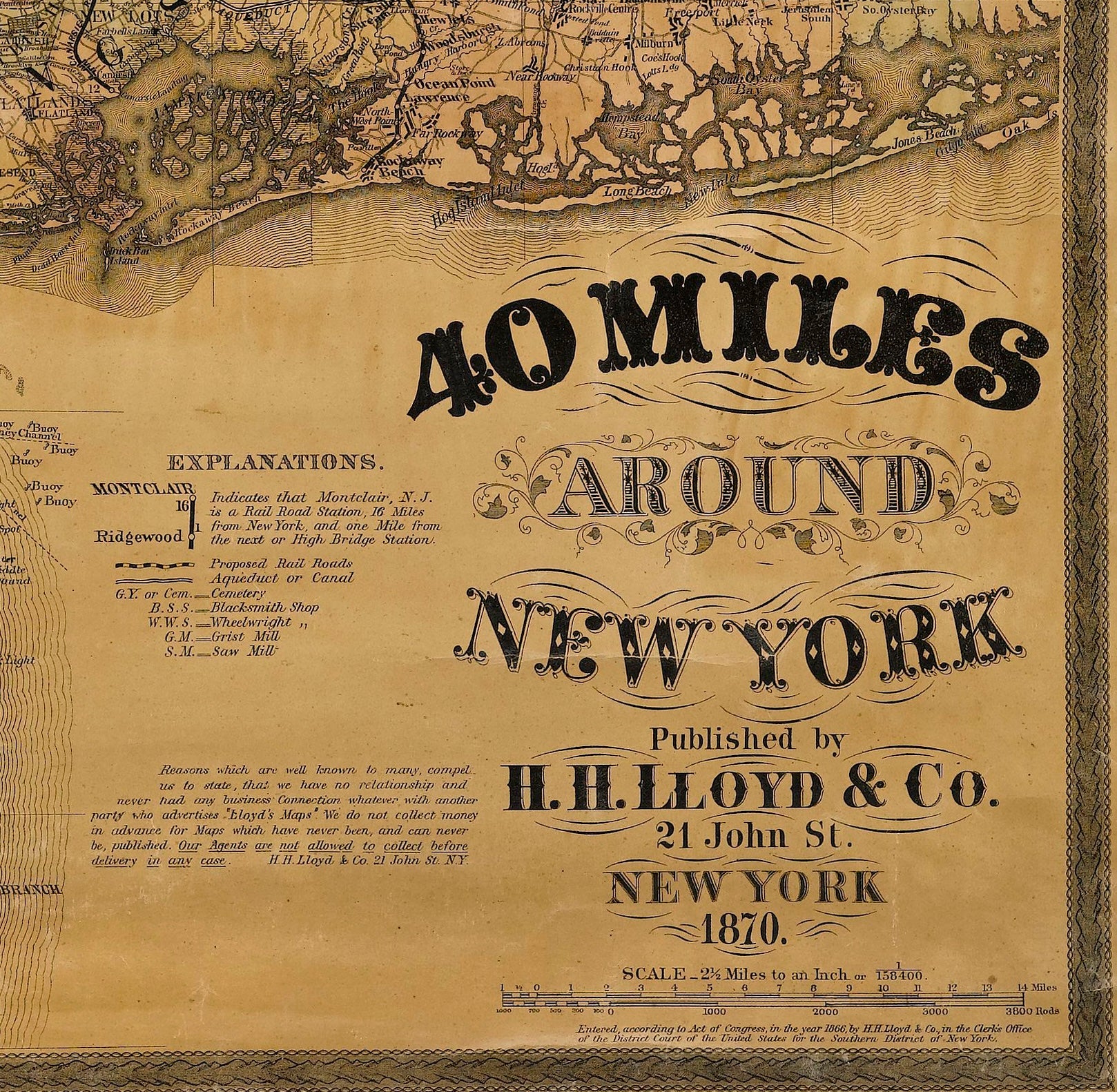 1870 "40 Miles Around New York" by H. H. Lloyd, Hanging Map on Original Rollers - The Great Republic