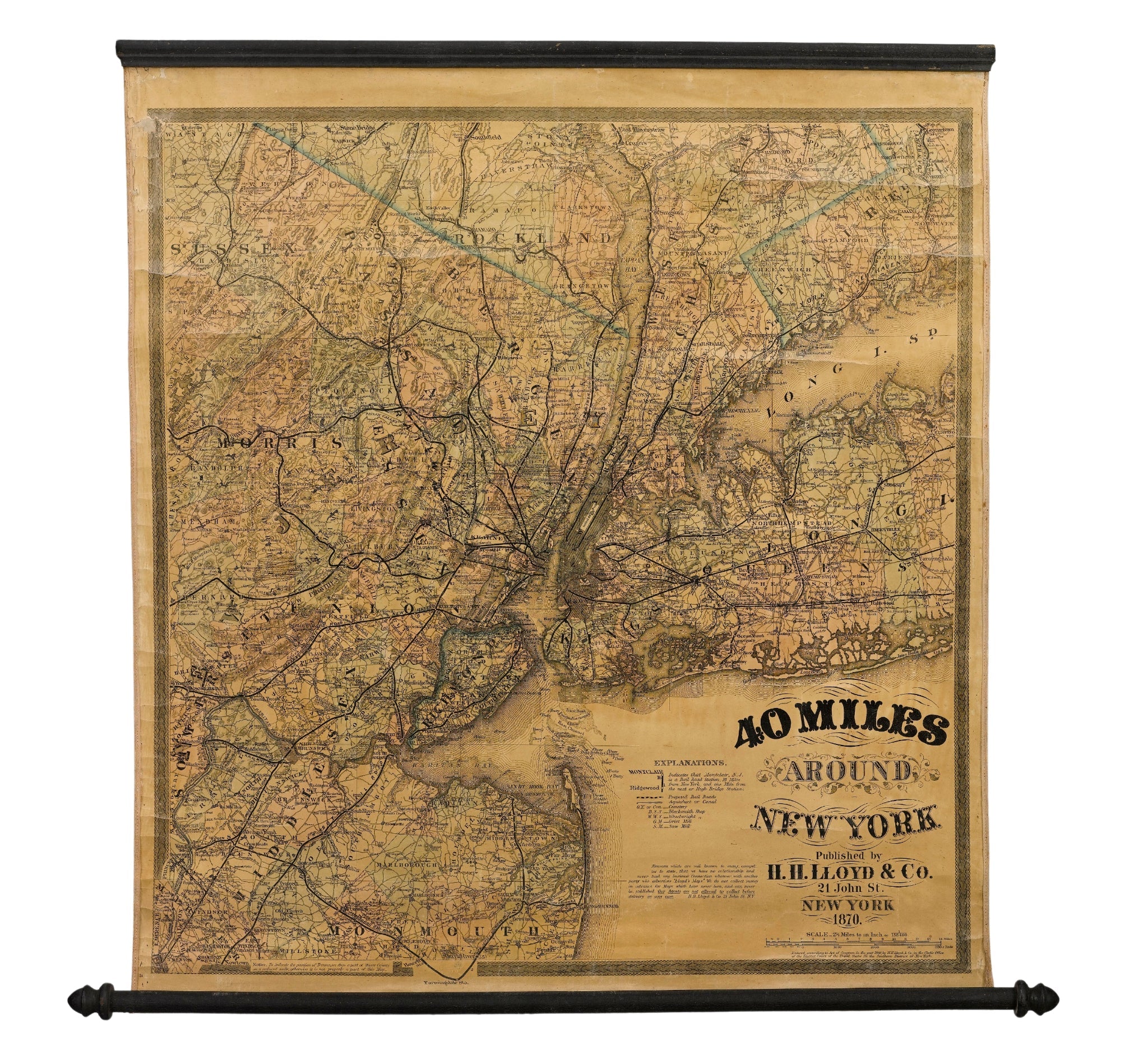 1870 "40 Miles Around New York" by H. H. Lloyd, Hanging Map on Original Rollers - The Great Republic