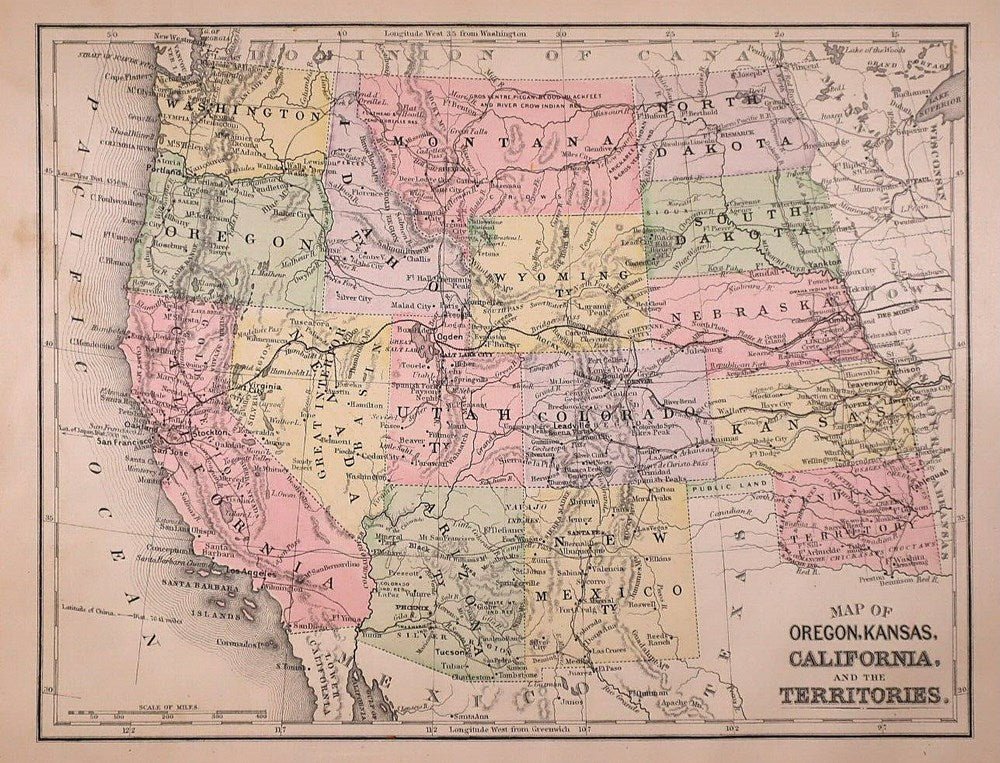 1890 "Map of Oregon, Kansas, California, and the Territories" by S. A. Mitchell Jr. - The Great Republic