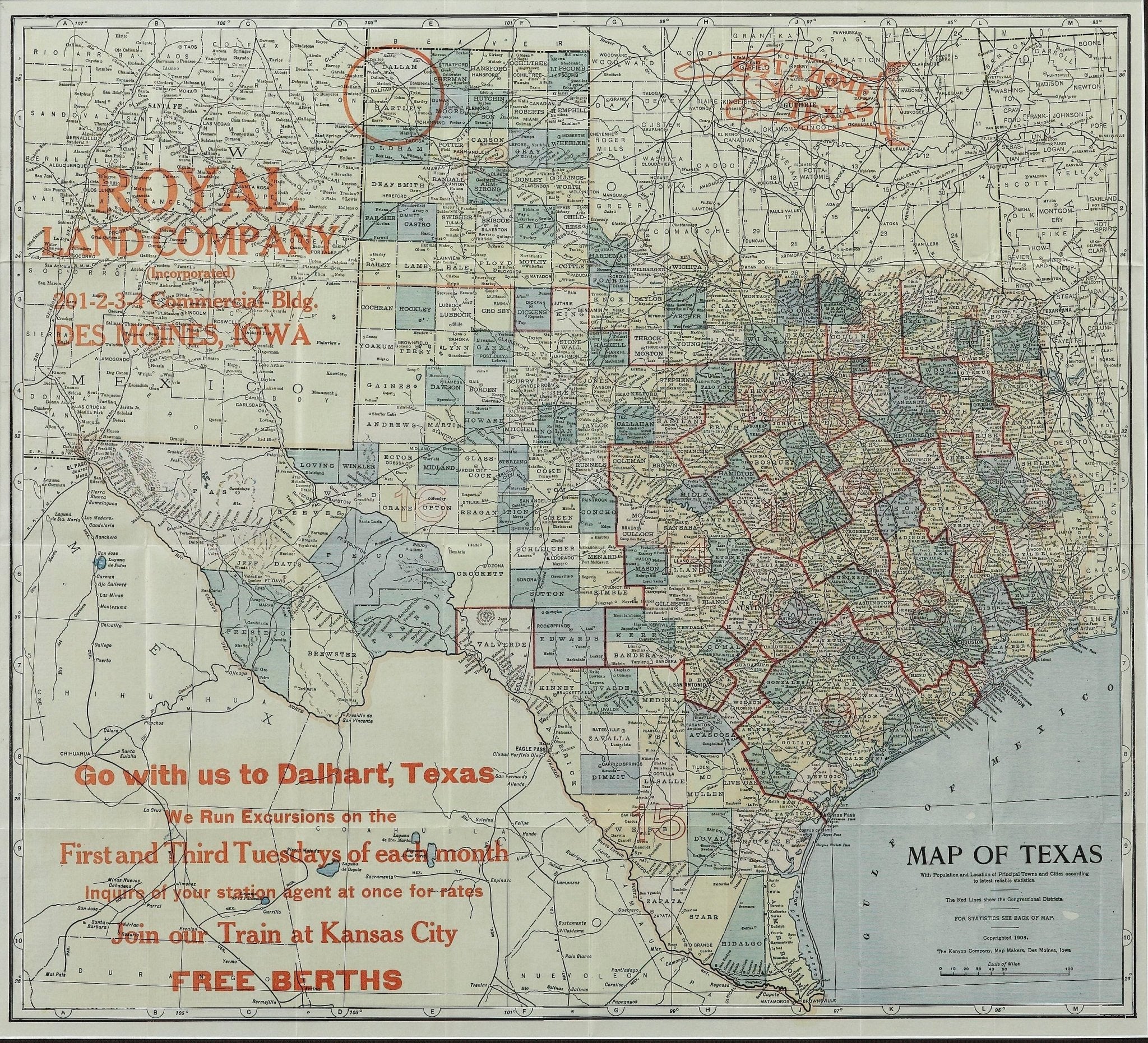 1908 "Map of Texas" by The Kenyon Company - The Great Republic