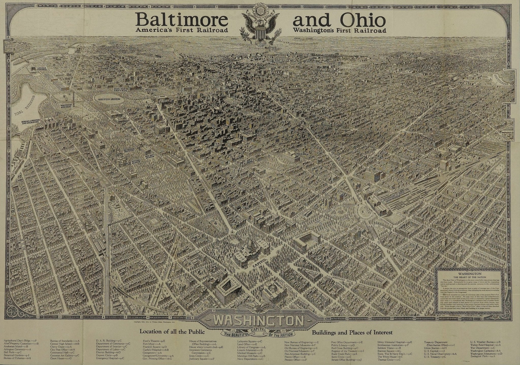 1923 "Washington, The Beautiful Capital of the Nation" Baltimore and Ohio Railroad Bird's - Eye View - The Great Republic