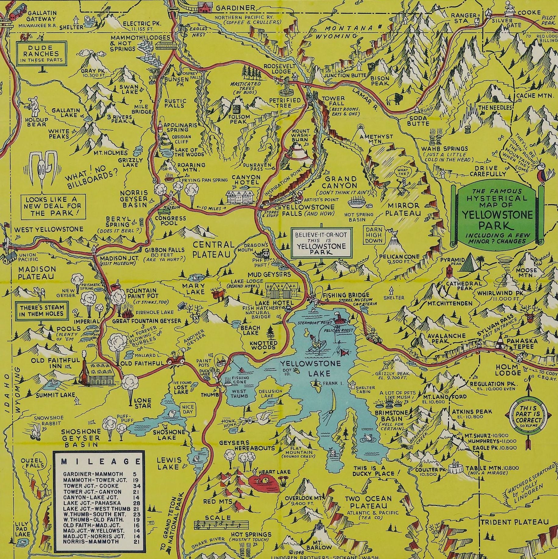 1948 "A Hysterical Map of Yellowstone National Park" by Jolly Lindgren, Second Edition Printing - The Great Republic