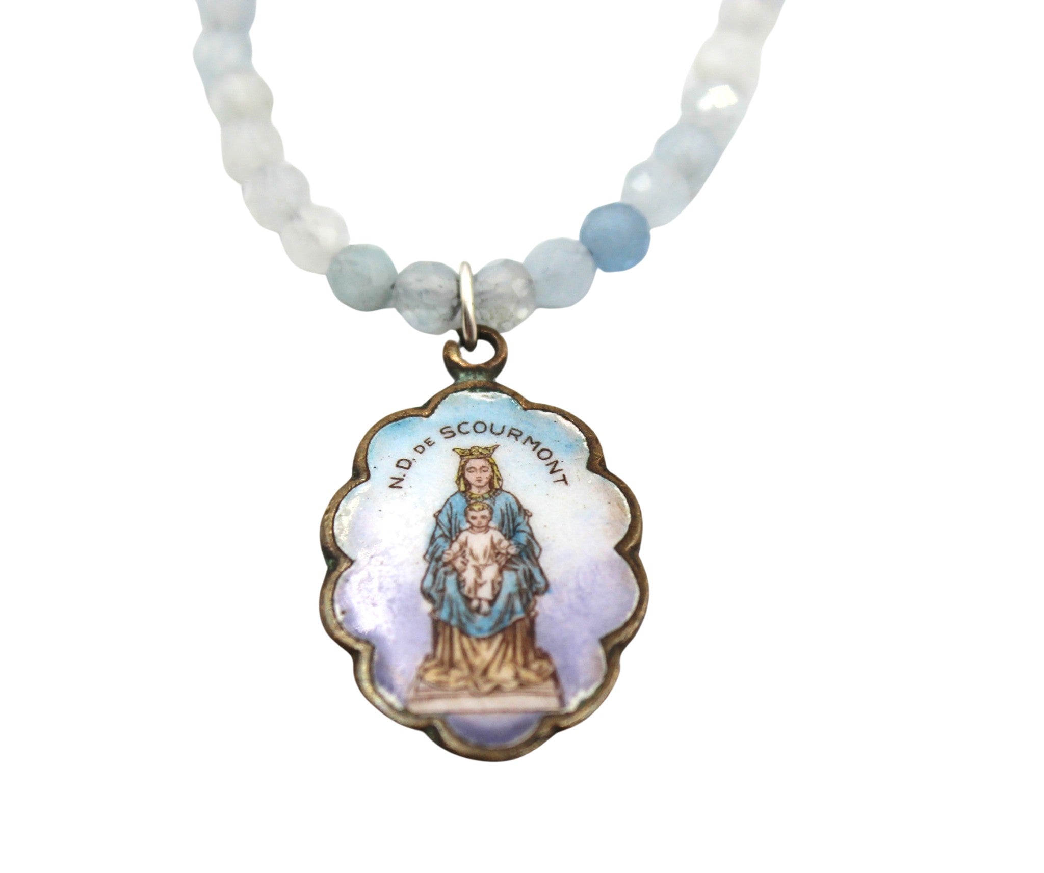 Antique Belgian "Notre Dame de Scourmont" Charm on Faceted Blue Lace Stone Necklace - The Great Republic