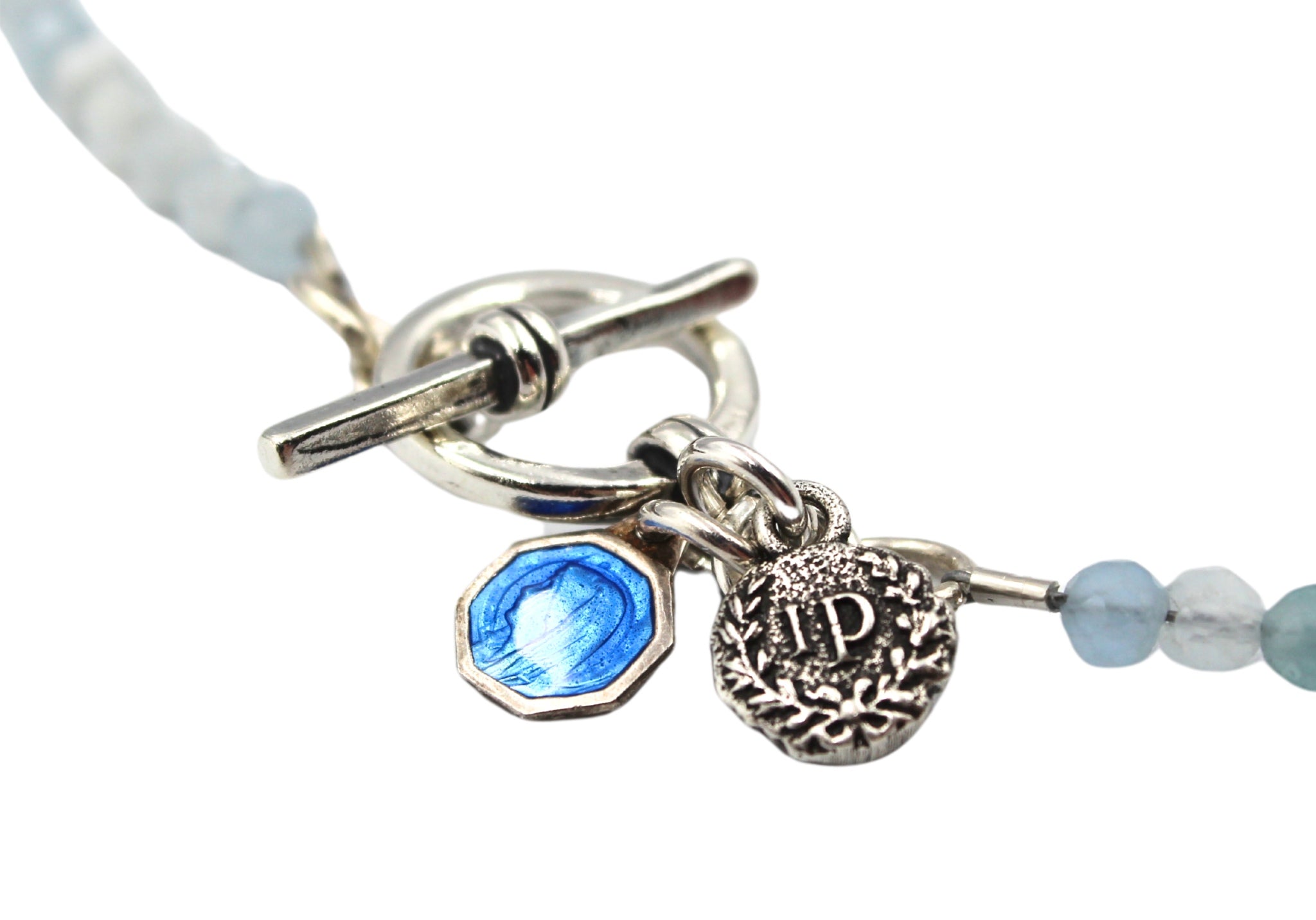 Antique Belgian "Notre Dame de Scourmont" Charm on Faceted Blue Lace Stone Necklace - The Great Republic