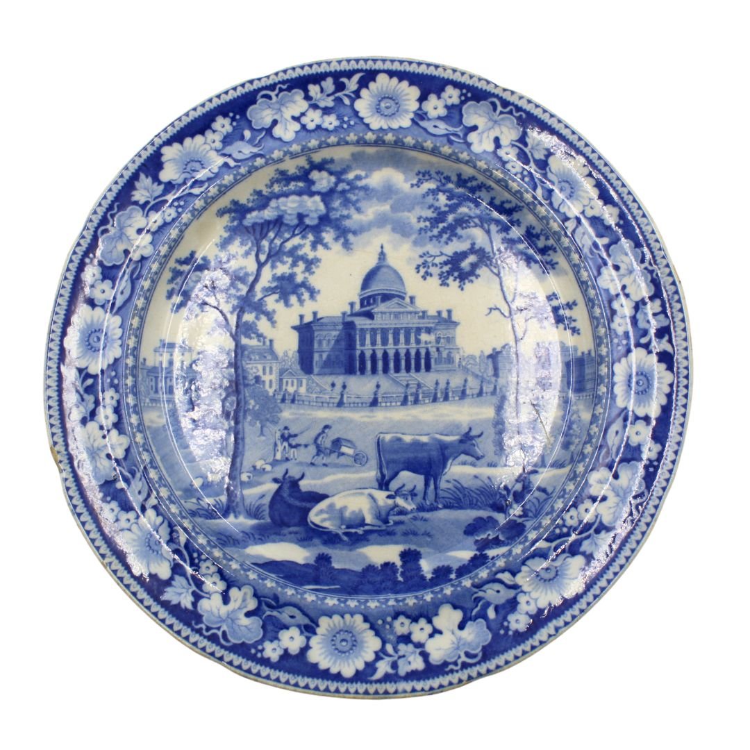 Antique "Boston Statehouse" Blue Staffordshire Large Plate by Rogers - The Great Republic