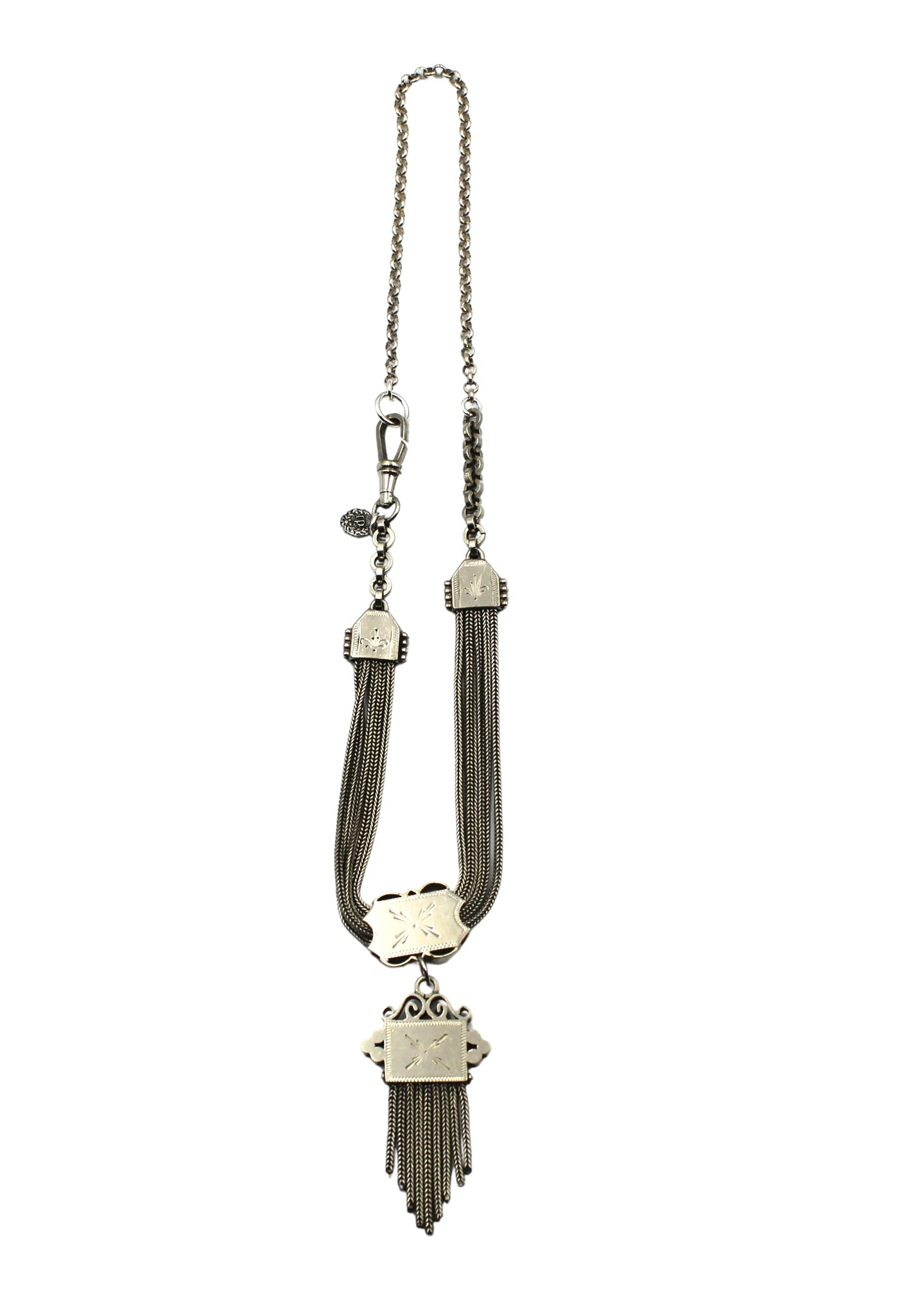 Antique British Silver Sliding Pocket Watch Chain Necklace with Tassel Fob - The Great Republic