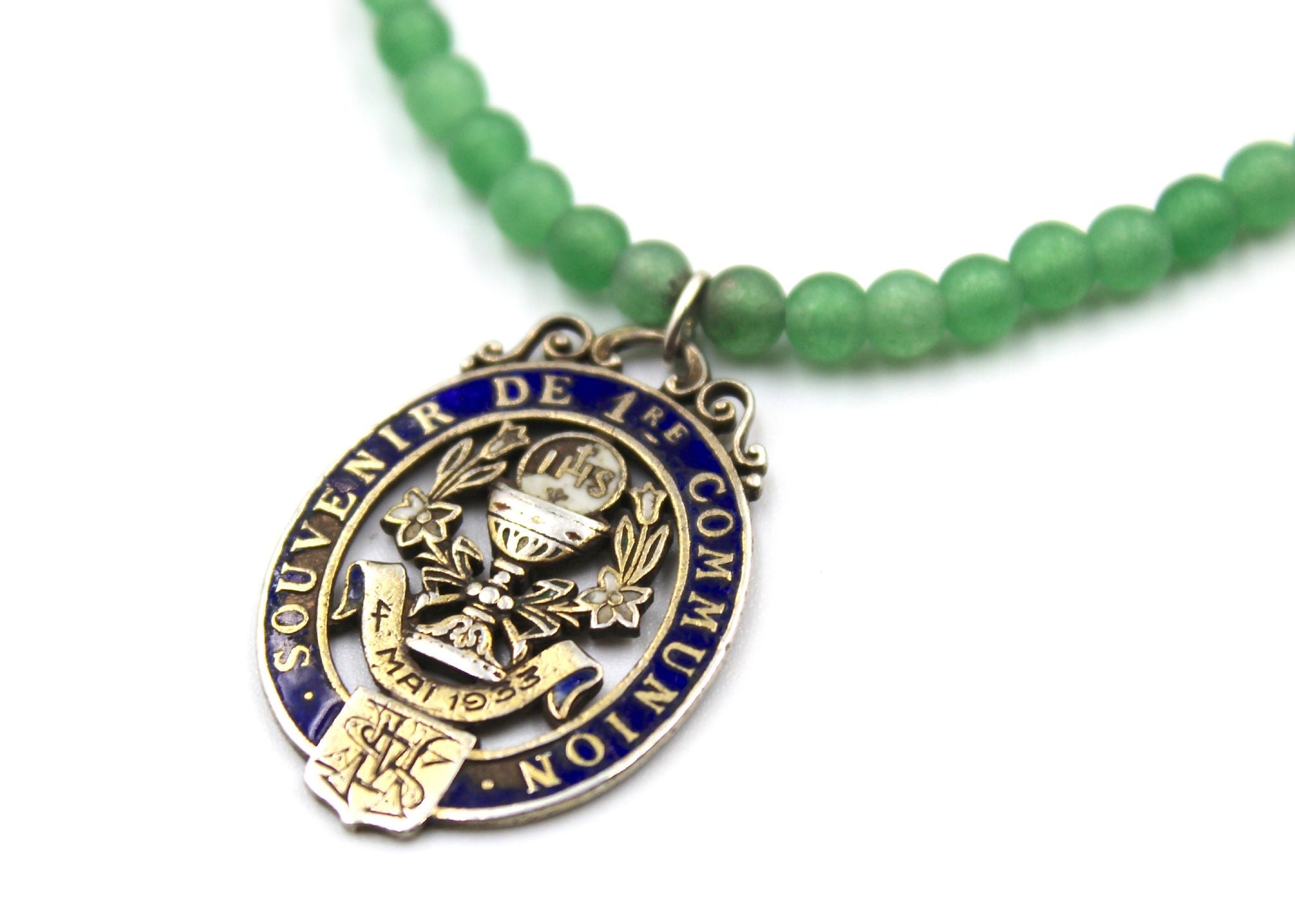 Antique French First Communion Charm on a Jade and Sodalite Necklace - The Great Republic