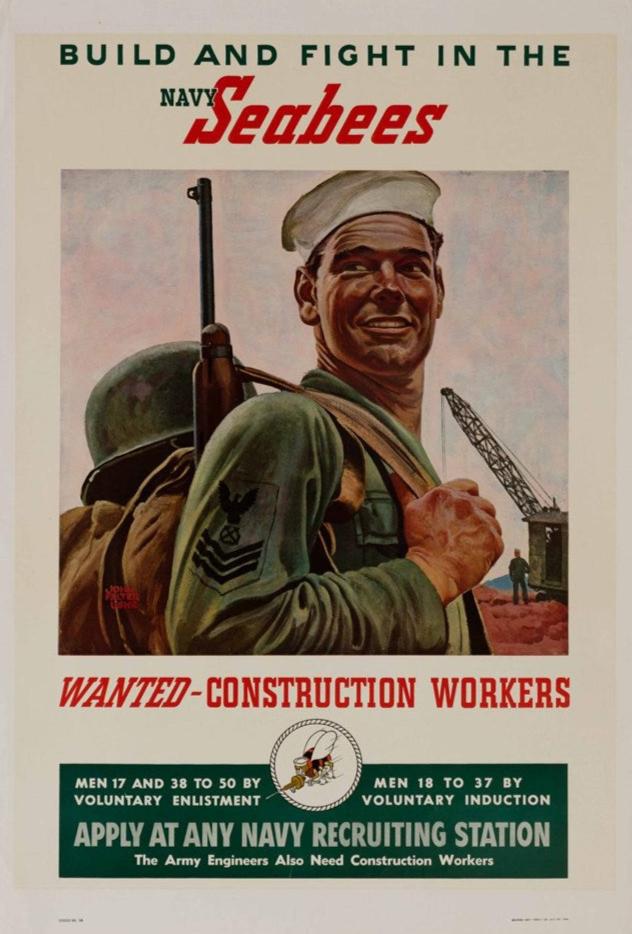 "Build and Fight in the Navy Seabees" Vintage WWII Poster by John Philip Falter, 1943 - The Great Republic