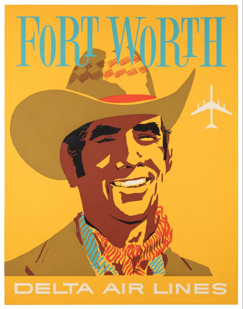 "Fort Worth" Vintage Delta Airlines Travel Poster by John Hardy, circa 1950s - The Great Republic