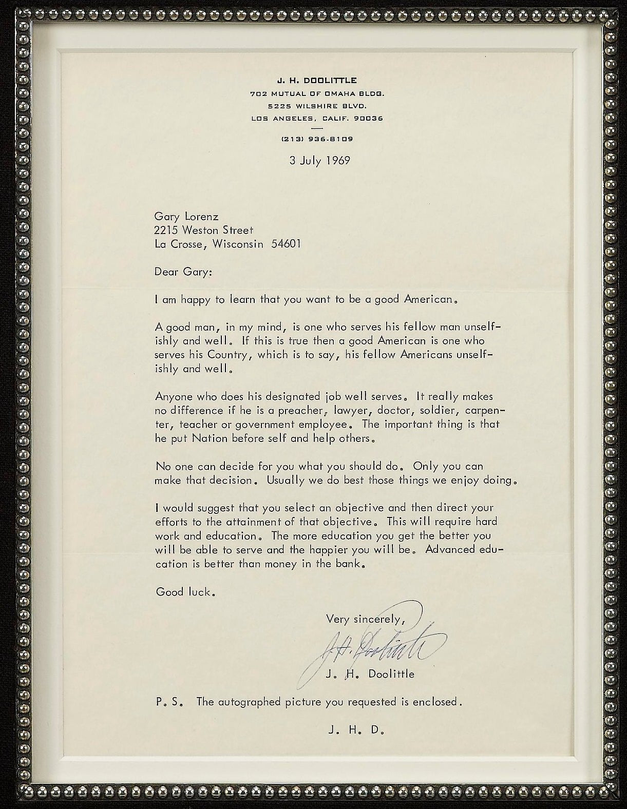 James Doolittle Signed Typed Letter and Signed Photograph, 1969 - The Great Republic