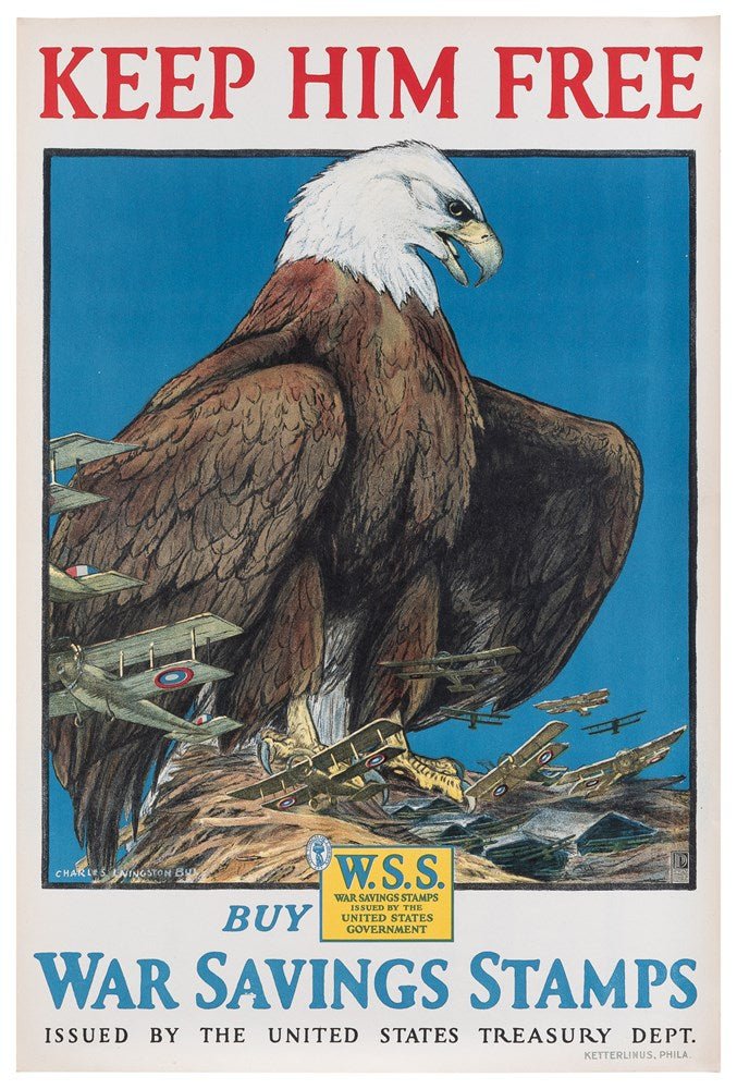 "Keep Him Free" Vintage WWI War Savings Stamps Poster by Charles Livingston Bull, 1917 - The Great Republic