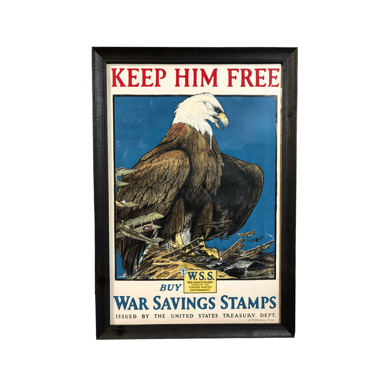 "Keep Him Free" Vintage WWI War Savings Stamps Poster by Charles Livingston Bull, 1917 - The Great Republic