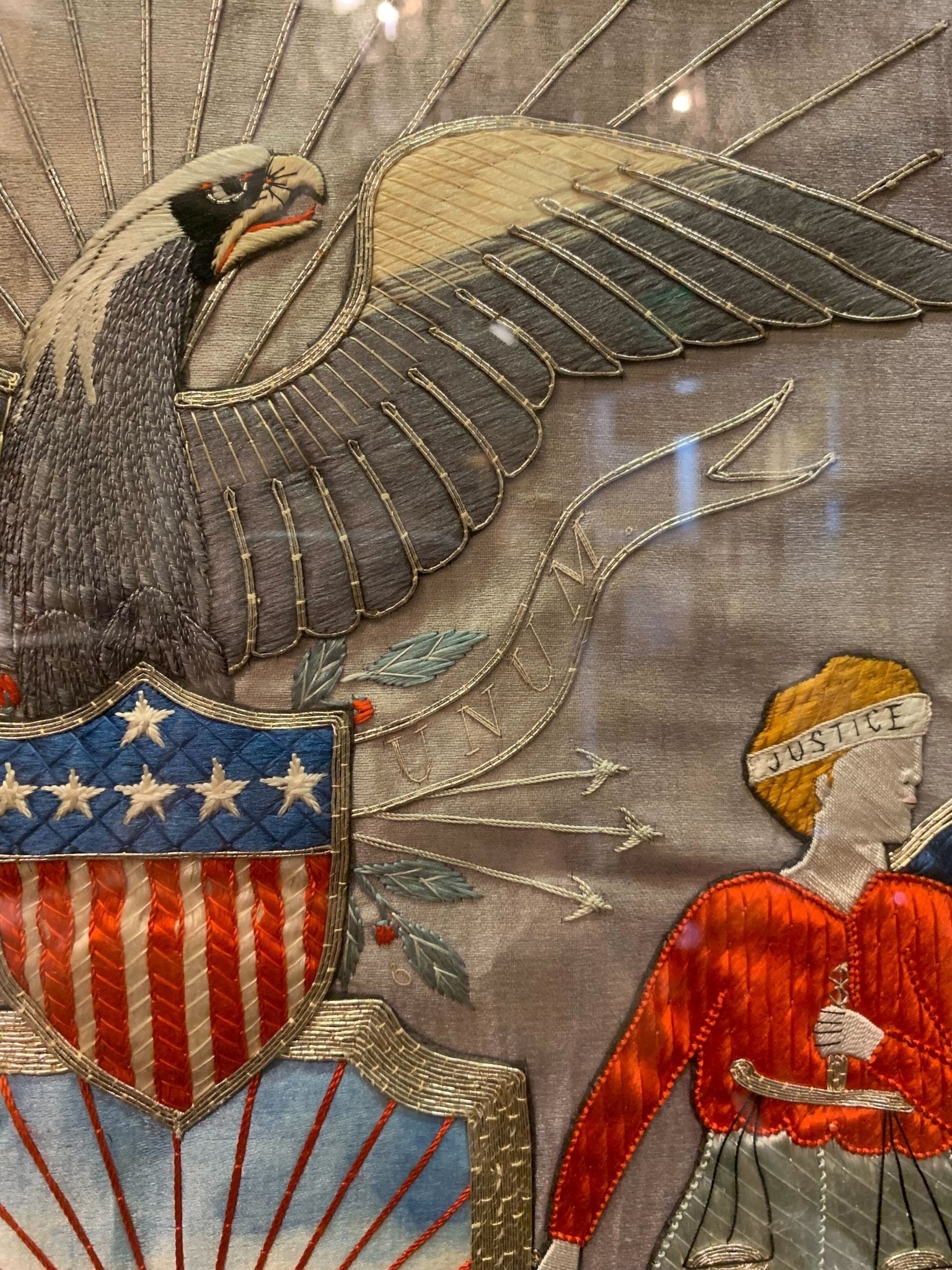 Patriotic "New York" Coat of Arms Silk and Metallic Embroidered Souvenir, Early 20th Century - The Great Republic