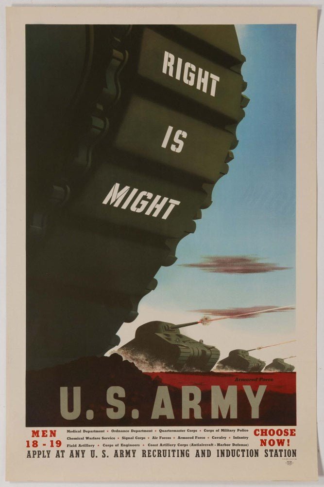 "Right is Might" Vintage WWII U.S. Army Recruitment Poster by Stuart Graves, 1942 - The Great Republic