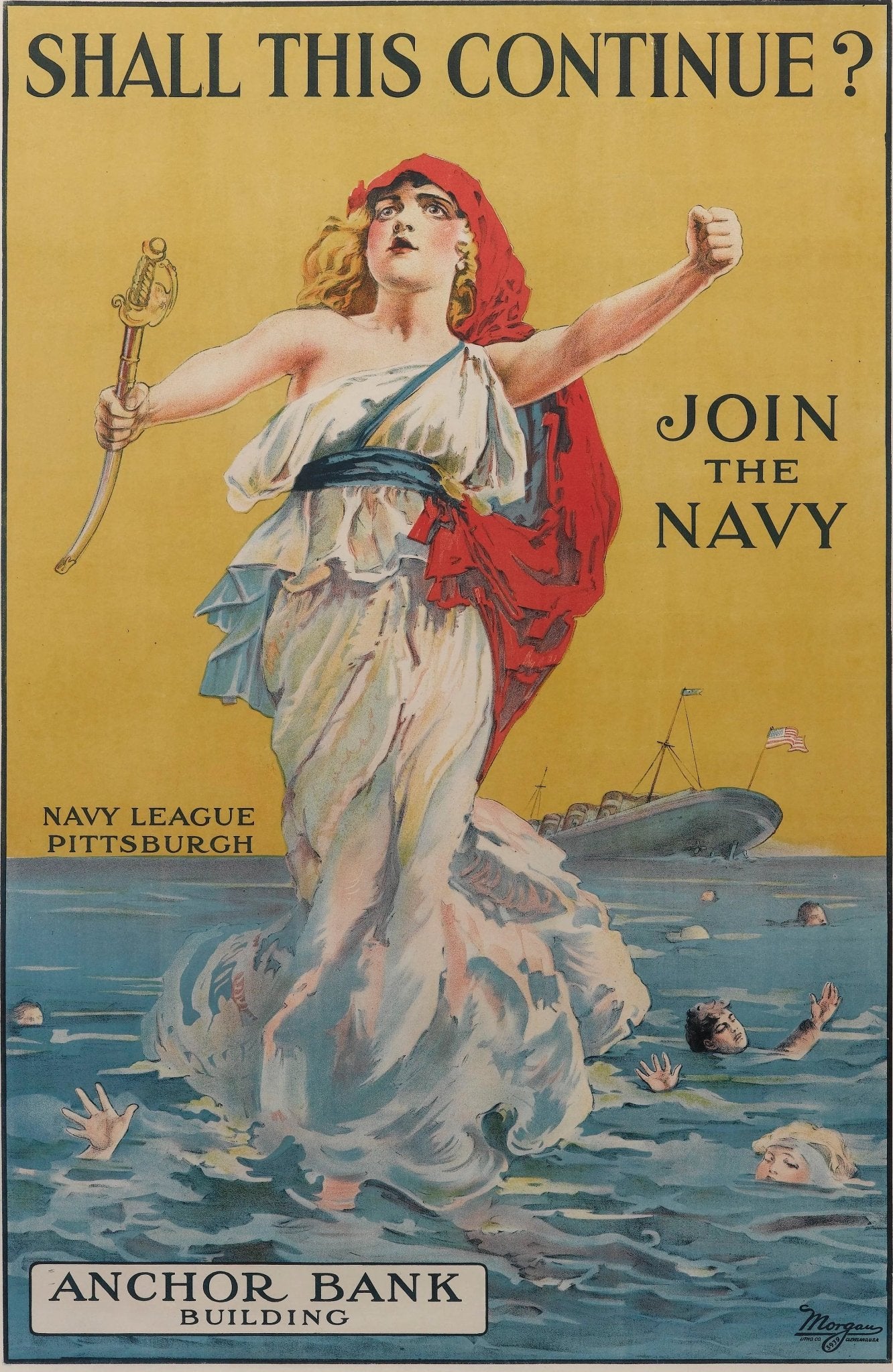 "Shall This Continue? Join the Navy" Vintage Navy Recruitment Poster, circa 1916 - The Great Republic