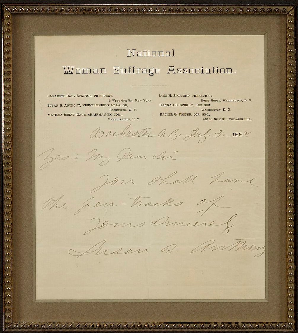 Susan B. Anthony Signed Handwritten Letter, Dated July 21, 1888 - The Great Republic