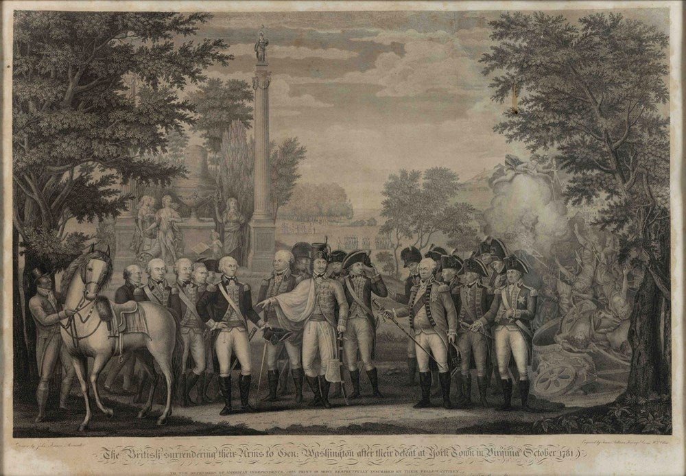 "The British Surrendering their Arms to Gen. Washington after their defeat at York Town in Virginia October 1781" after John Francis Renault, 1819 - The Great Republic