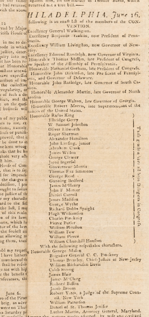 The Pennsylvania Journal and The Weekly Advertiser, with Coverage of the Constitutional Convention in Philadelphia, Issued June 16, 1787 - The Great Republic