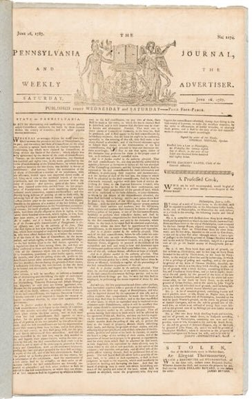 The Pennsylvania Journal and The Weekly Advertiser, with Coverage of the Constitutional Convention in Philadelphia, Issued June 16, 1787 - The Great Republic