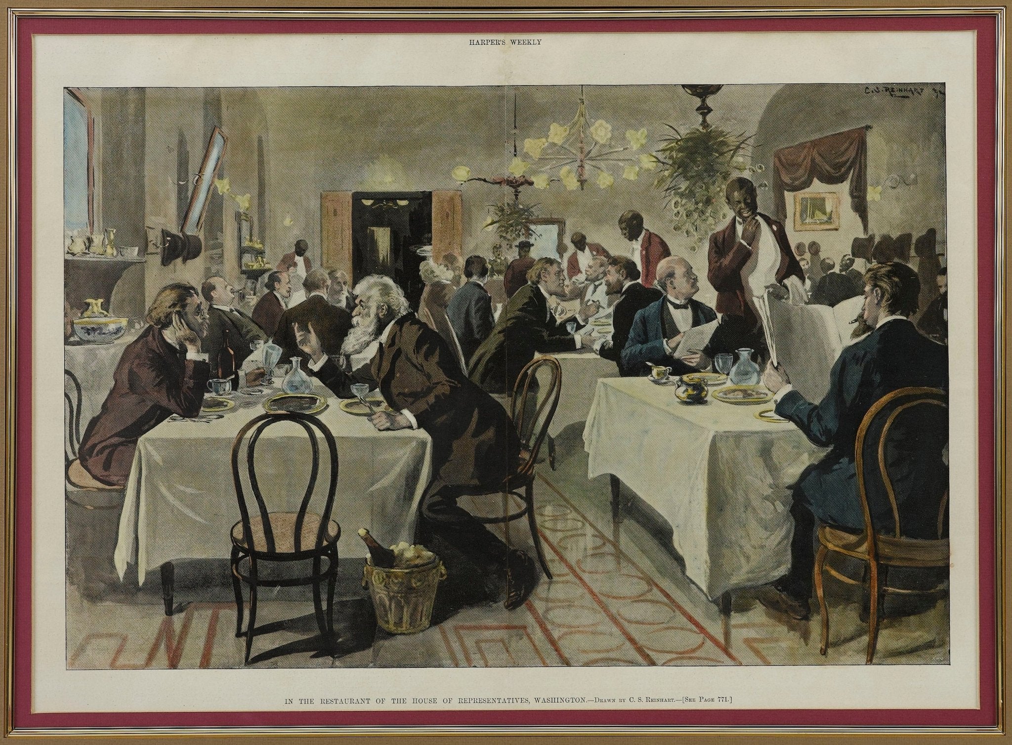 “The Restaurant of the House of Representatives” Wood Engraving by Harper's Weekly, 1893 - The Great Republic