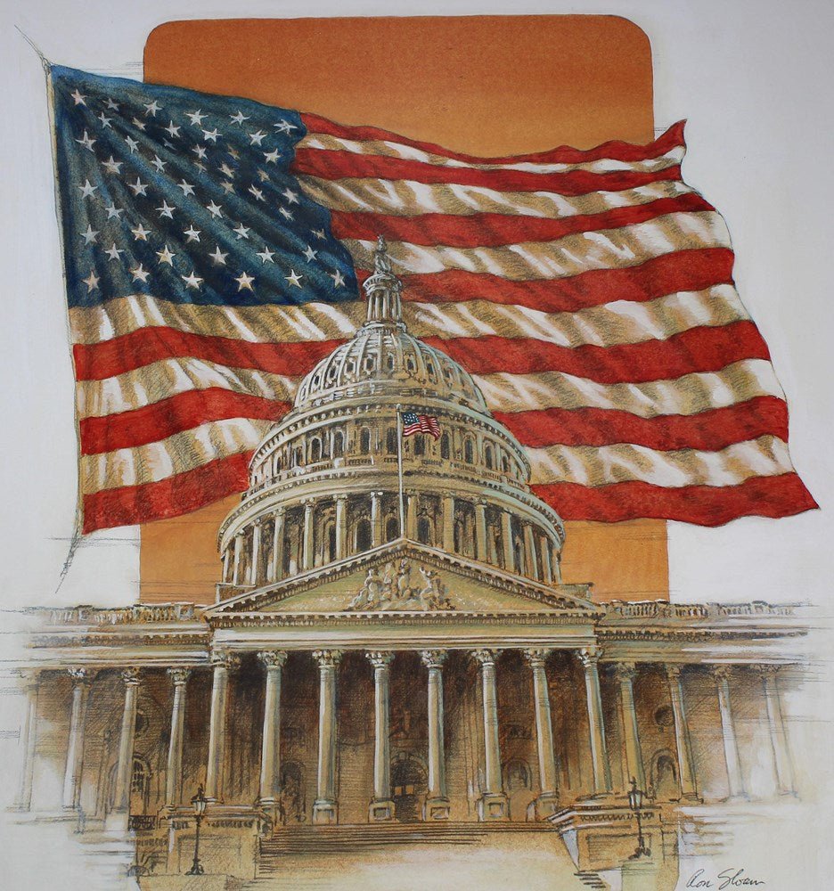 "U.S. Flag Behind Capitol" by Ron Sloan, Mixed Media Painting on Illustration Board, 1985 - The Great Republic