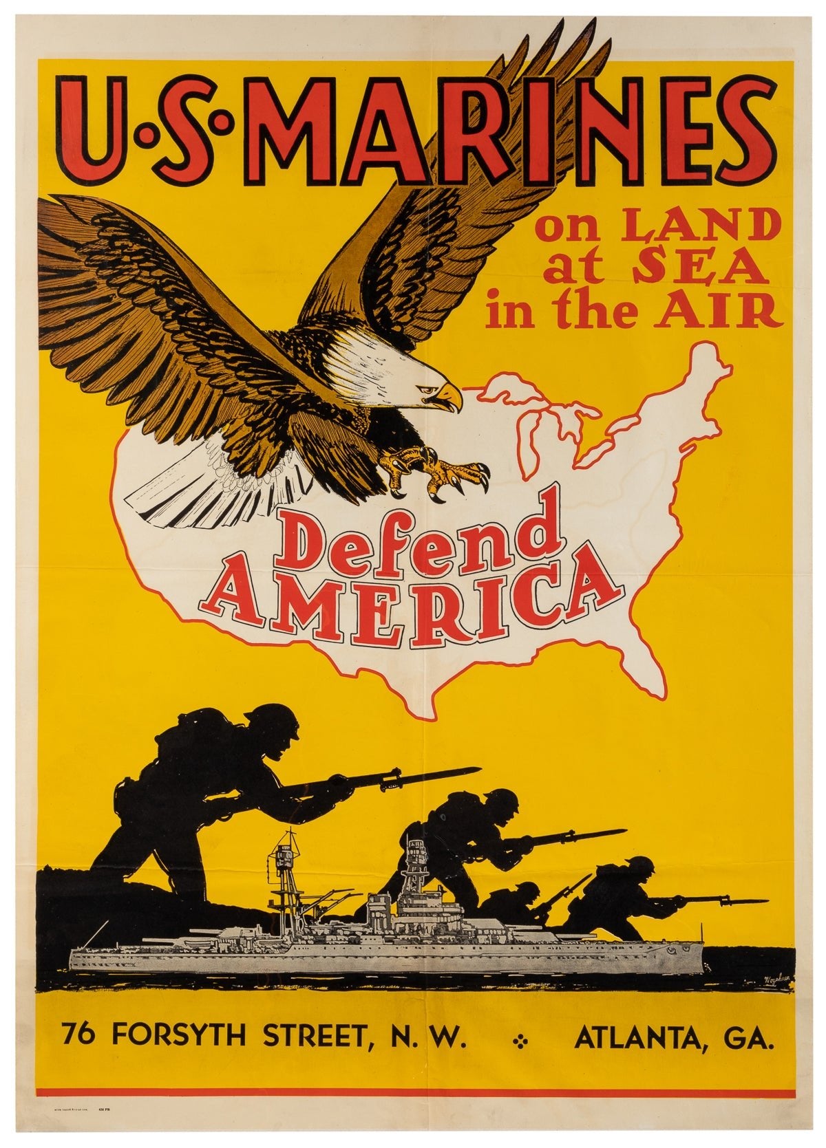 "U.S. Marines on Land at Sea in the Air Defend America" Vintage WWII Poster by Paul Woyshner, 1942 - The Great Republic