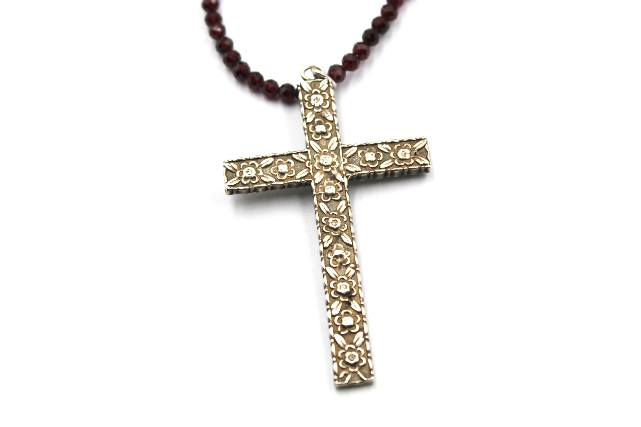 Vintage 1940s British Sterling Silver Cross on Faceted Garnet Necklace - The Great Republic