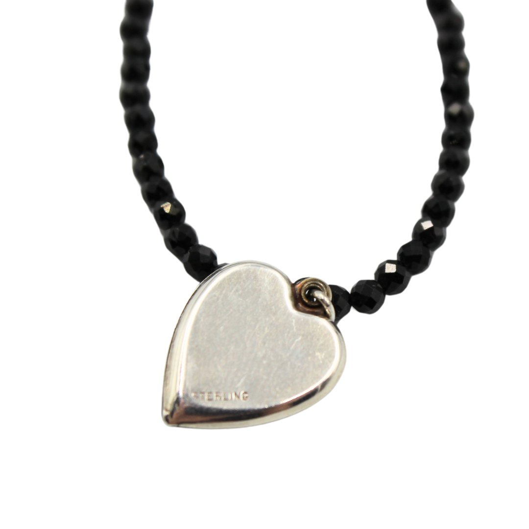 Vintage 1950's Sterling Silver Heart Charm with Cross on Faceted Black Spinel Necklace - The Great Republic