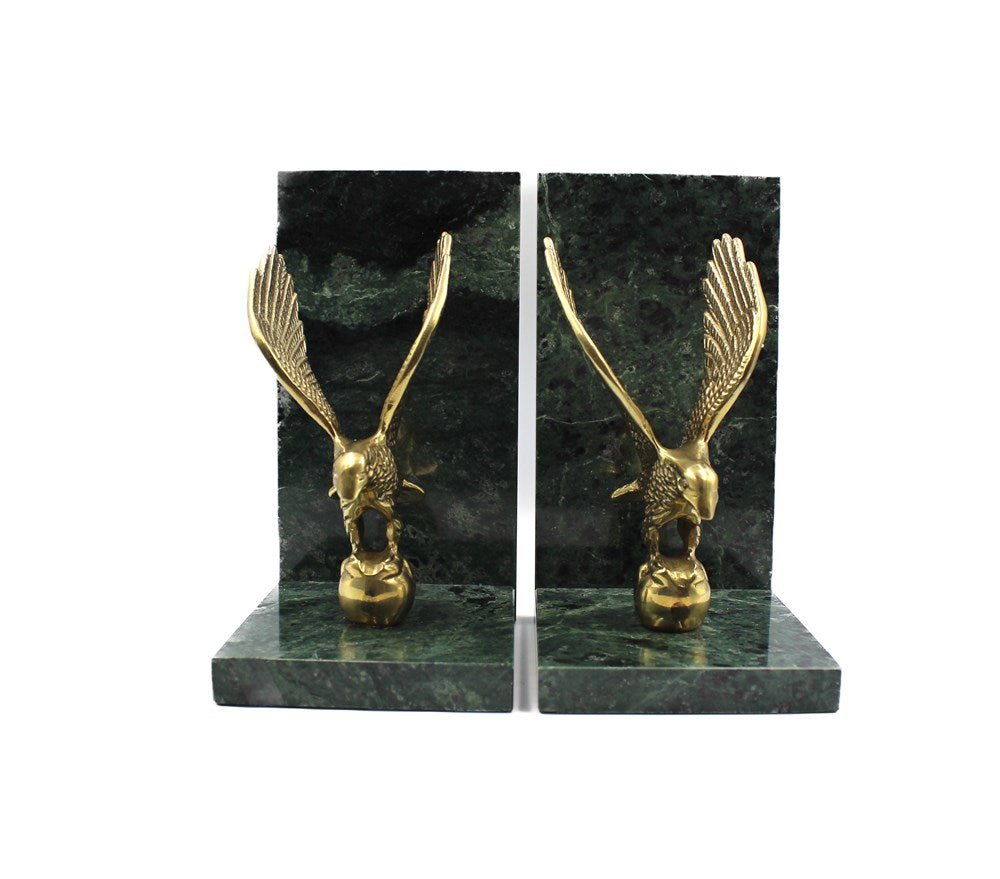 Vintage Brass and Green Marble Eagle Bookends - The Great Republic