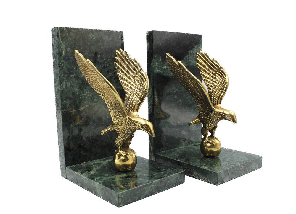Vintage Brass and Green Marble Eagle Bookends - The Great Republic