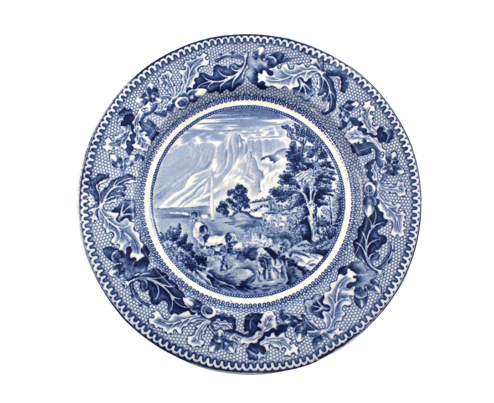 Vintage "Covered Wagons and the Rocky Mountains" Blue Transferware Bread Plate by Johnson Brothers, c. 1938 - The Great Republic