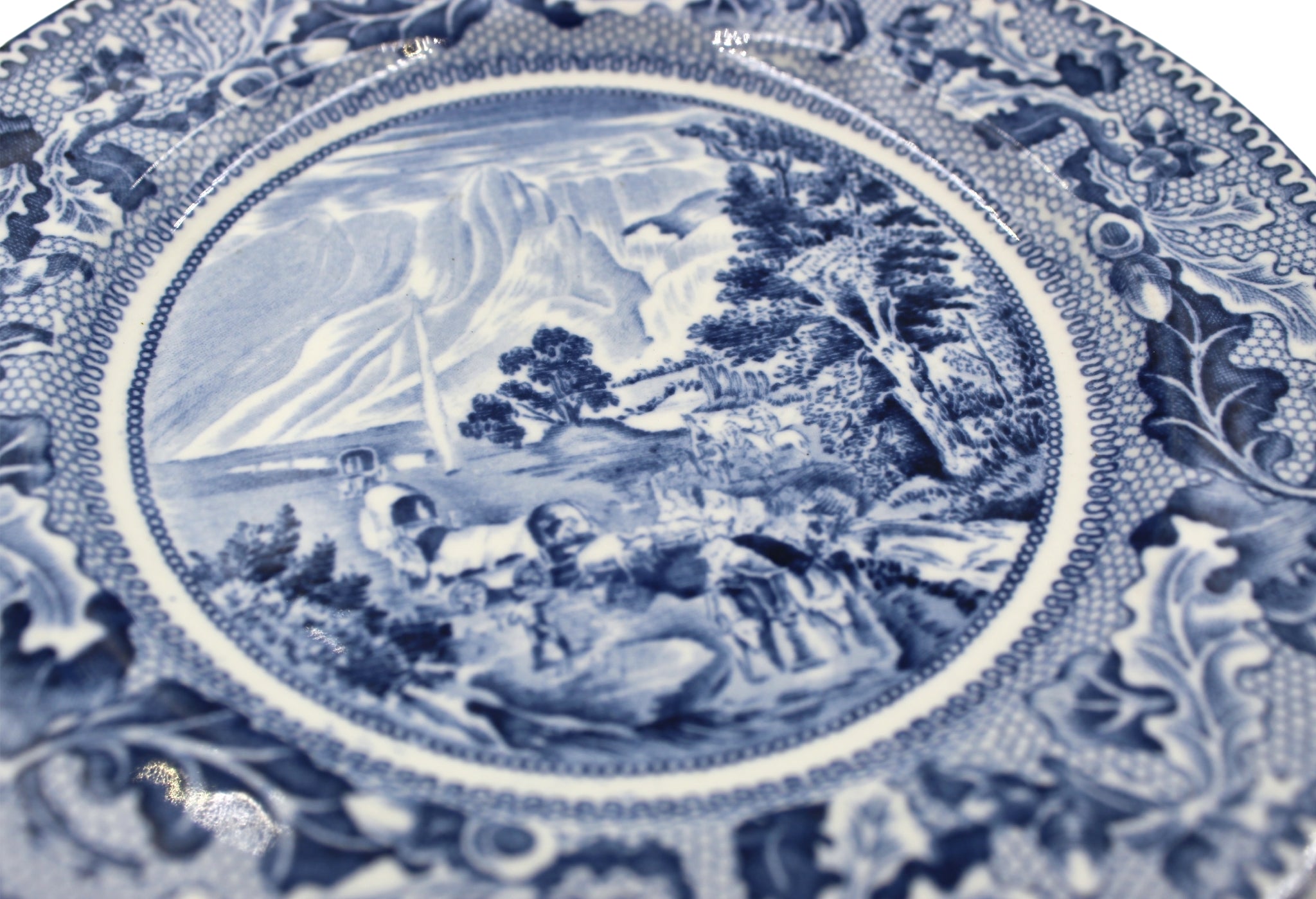 Vintage "Covered Wagons and the Rocky Mountains" Blue Transferware Bread Plate by Johnson Brothers, c. 1938 - The Great Republic