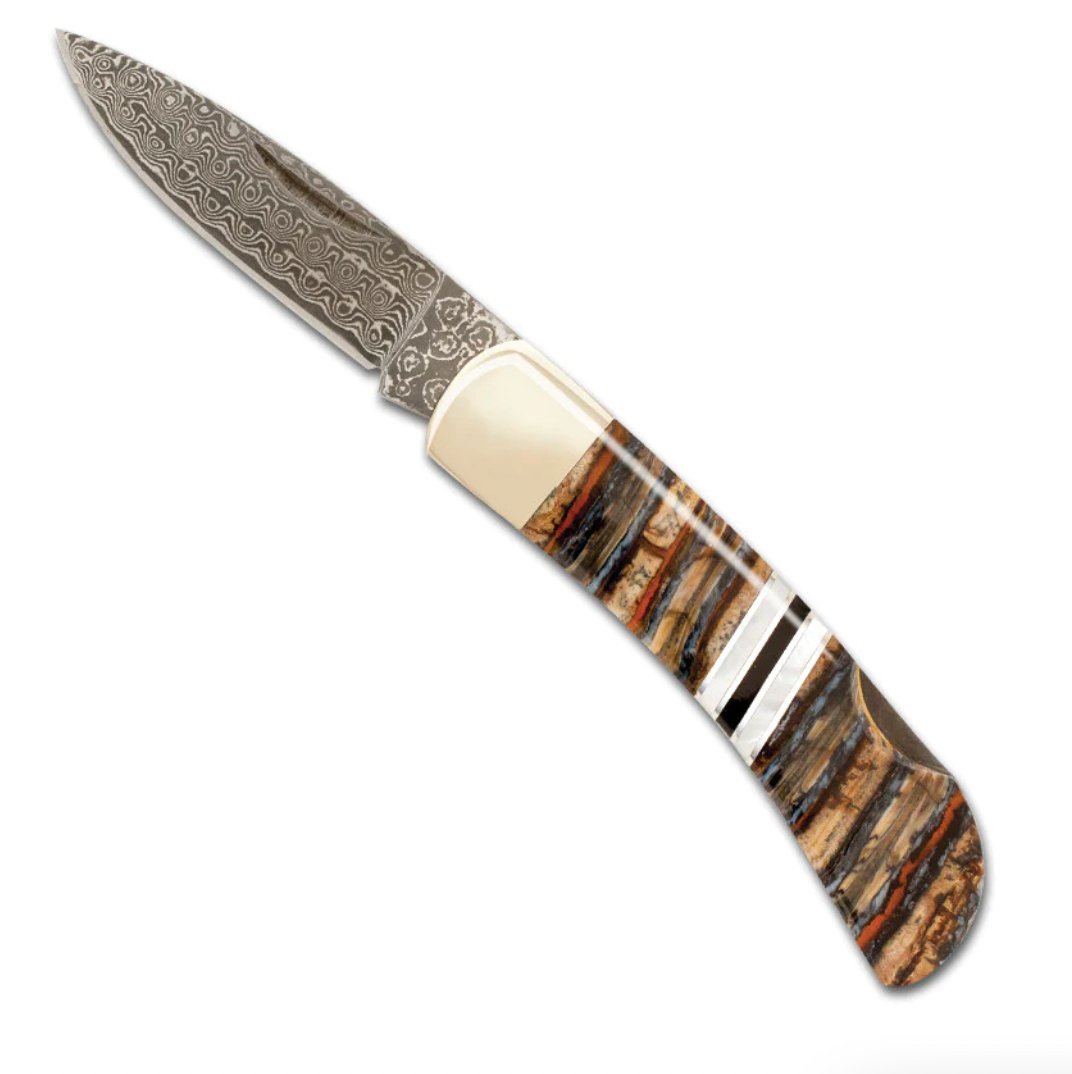 Woolly Mammoth Tooth 3" Damascus Steel Single Sided Lockback Pocket Knife - The Great Republic