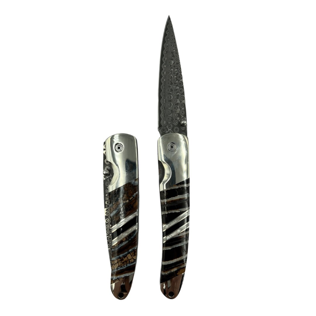 Woolly Mammoth Tooth 4" Damascus Steel Double Sided Linerlock Knife - The Great Republic