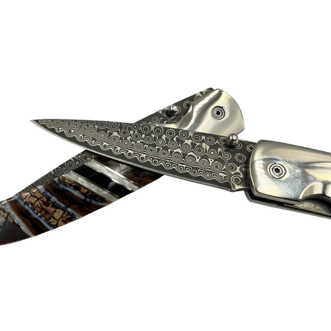 Woolly Mammoth Tooth 4" Damascus Steel Double Sided Linerlock Knife - The Great Republic